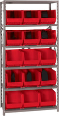 Quantum Storage Systems QSBU-260RD Giant Open Hopper Steel Shelving System, 18" D x 36" W x 75" H, with 6 Shelves and 15 QUS260 Bins, Red