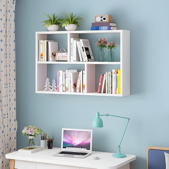 RUNNUP Floating Wall Mount Bookcase Engineered Wood Book Shelf Decor Wall Shelf for Study Room Office Living Room, Natural 47.2" L x 7.9" W x 25.6" H
