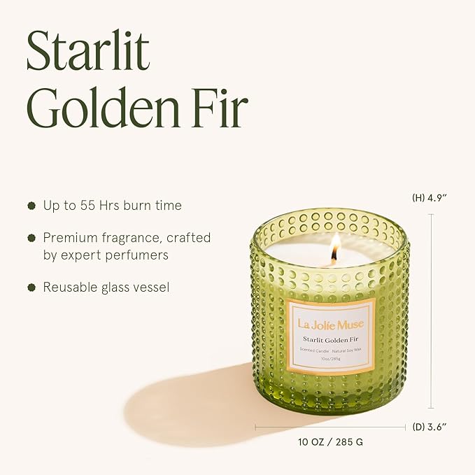 LA JOLIE MUSE Starlit Golden Fir Candle - Cedarwood, Patchouli, Fir Balsam | 10 oz Natural Soy Wax | 55 Hours Clean Burn | Fresh Scent Candles | Gift-Ready for Hosts & Gatherings