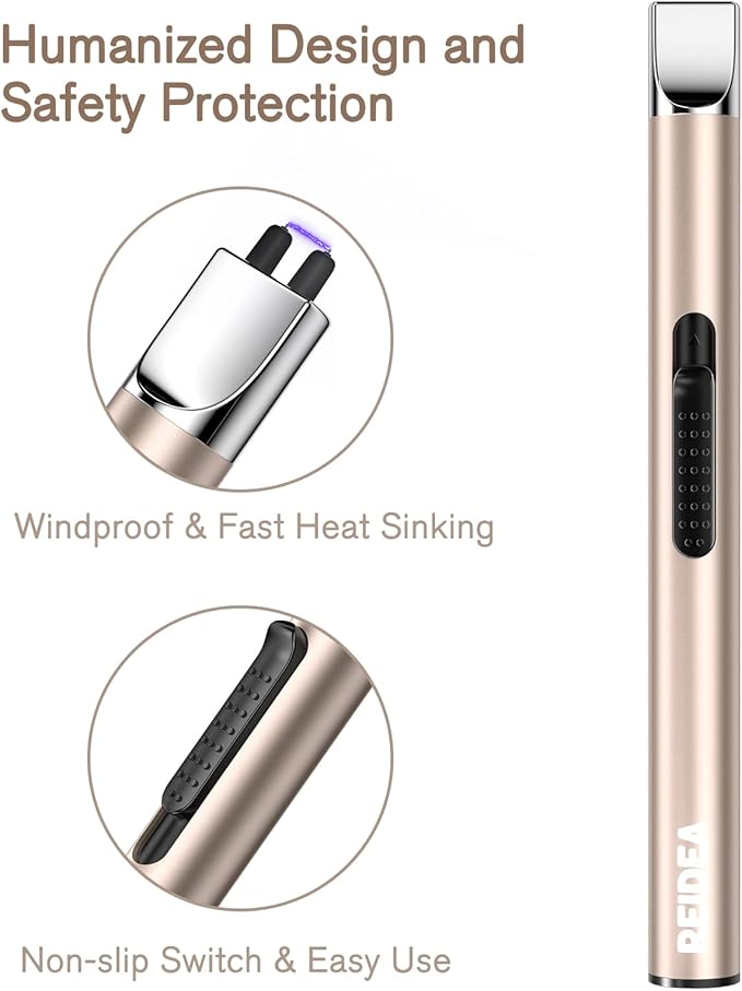 REIDEA Electronic Candle Lighter - USB Rechargeable with Security Lock, Windproof, Non-Slip Switch for Candle, Grill, Camping (Champagne Gold + White)