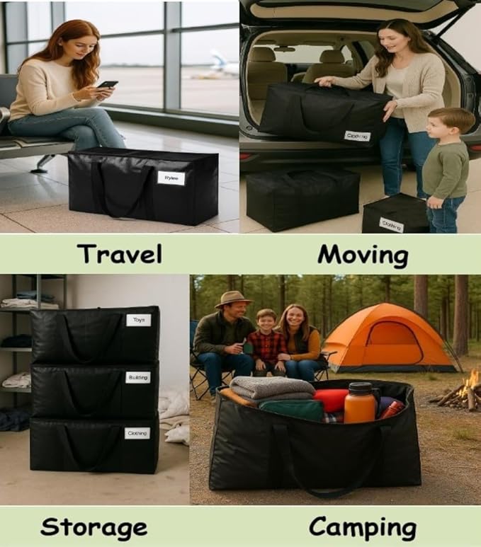 XL Moving Bag – 27"×14"×15.5" (25.4 Gal) Heavy-Duty Collapsible Storage Tote Zipper Lid & Tag Pocket — 2-Pack for Moving, College/Dorm