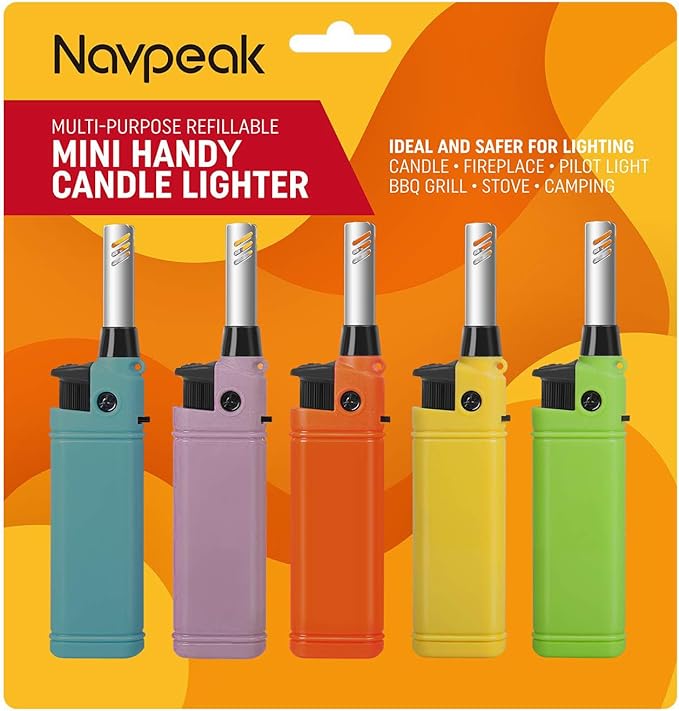Navpeak Mini Candle Lighter Multipurpose Lighter Utility Lighters with Extended Wand Handy Refillable for Kitchen Fireplace Pilot Light DIY BBQ Grill Stove 5 Pack (Butane Included)