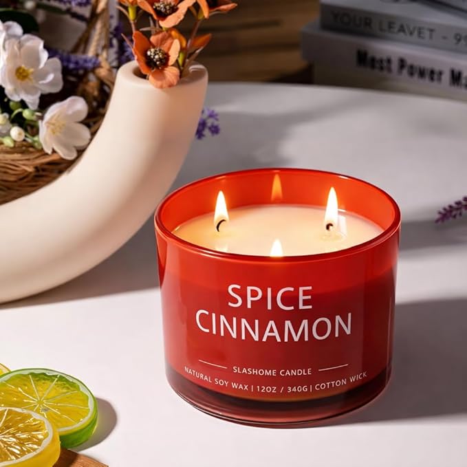 Spiced Cinnamon Scented Candle, Luxury Large 3 Wick Soy Candle 12 Oz, 60+ Hour Long Lasting Clean Burn, Elegant Aromatherapy Home Decor, Housewarming & Birthday Gift for Men & Women