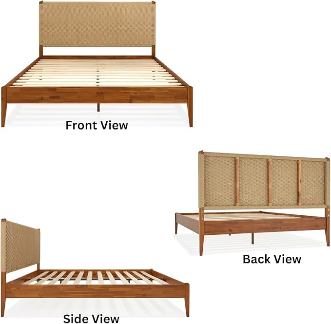 Bme Selina King Size Bed Frame, Handwoven Paper Cord Headboard, US Patent Pending Design, Mid-Century Modern, Solid Acacia Wood, No Box Spring Needed, Supports up to 800 lbs, Easy Assembly, Caramel