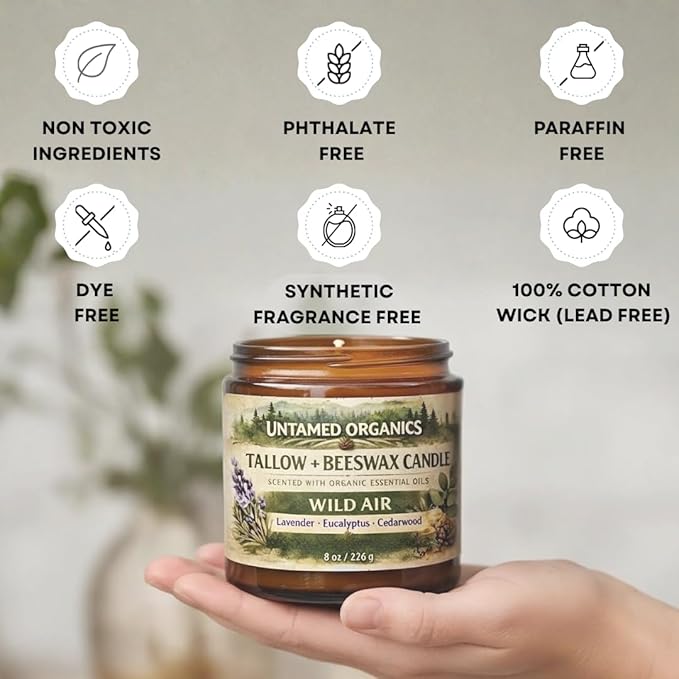 Grass-Fed Tallow Candle, Essential Oil Scented (Lavender Eucalyptus Cedarwood), No Synthetic Fragrance, Non-Toxic, 100% Cotton Wick, Hand Poured, 8 oz Amber Glass Jar, 50+ Hr Burn