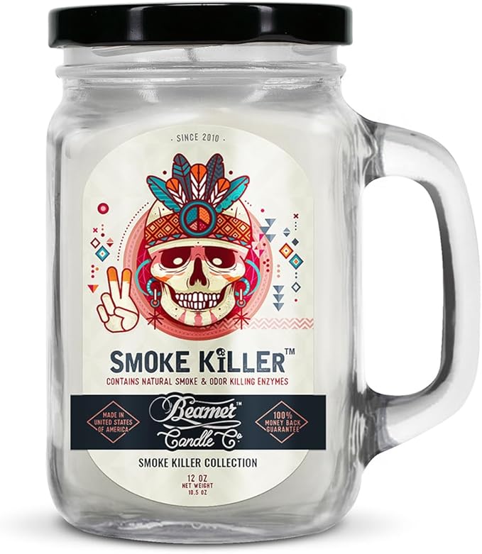 Smoke Killer Candle – Odor Eliminating, Strong Scent – Clean Fresh Scent with Light Floral Notes – Long Lasting 90 Hour Burn – Large 12oz Mason Jar – Made in USA – Beamer Candle Co.