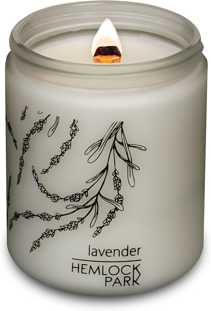 Hemlock Park Frosted Glass Wood Wick Candle Handcrafted with Natural Coconut Wax (Standard 8 oz, Lavender)
