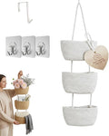 Over the Door Hanging Basket 3 Tier Woven Cotton Wall Mounted Storage Bag Boho Cottage Jute Baskets Kitchen Produce Organizer Vegetable Hang Wicker Closet Bathroom Decor Organizing Shelf(White)