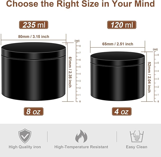AOSWELE 48 PCS Candle Jars Bulk, 24 PCS 4 OZ & 24 PCS 8 OZ, Premium Empty Matte Black Candle Tins with Lids, Container Tin Can for Making Candles, DIY Vessel Candle Making Supplies Kit (Black)