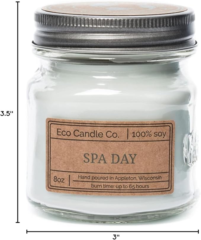 ECO CANDLE CO. Mason Jar Candle, Spa Day, 8 oz. - Scents of Flowers, Musk, Melon, Citrus, & Ocean Air - 100% Soy Wax, No Lead, Kraft Label & Antiqued Pewter Lid, Hand Poured, Midwest Grown Soybeans