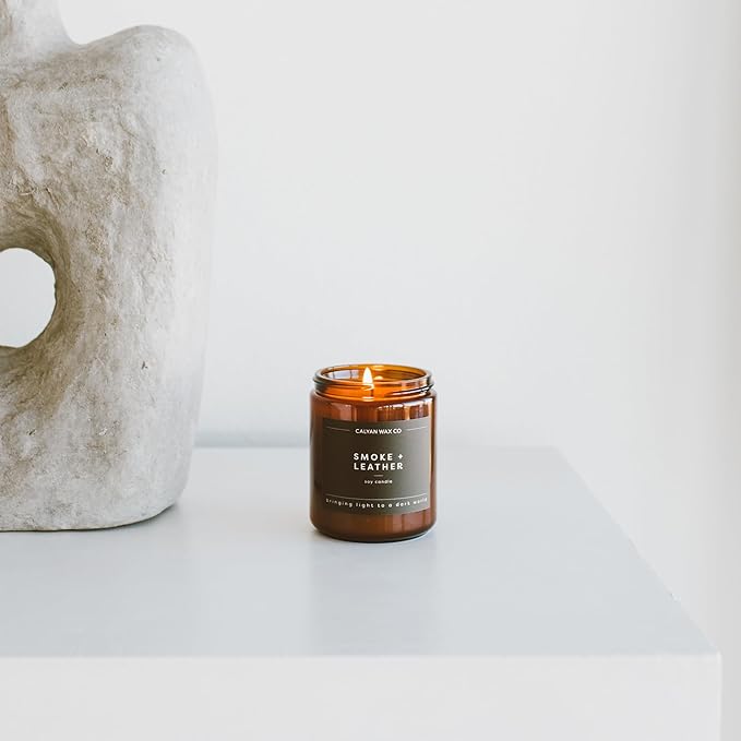 Calyan Wax Co. Smoke & Leather Scented Candle - 57 Hour Burn - Luxury Non Toxic Soy Wax Candles - Long Lasting Amber Glass Jar Candle for Home - 7.2oz