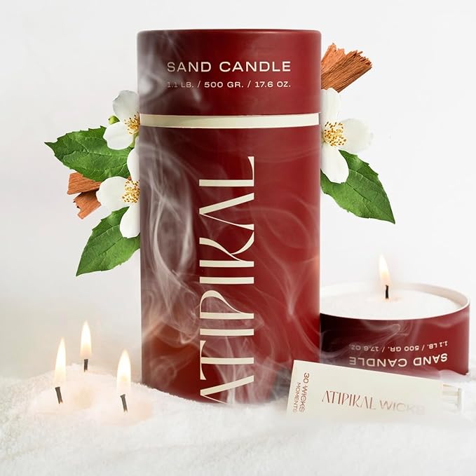 Atipikal Sand Candle 18oz - Saldalwood Jasmine Scented Pearled Candle with 30 Wicks up to 120 Hours Burning time, Luxury Long Lasting Pearled Candle Making kit with Wick