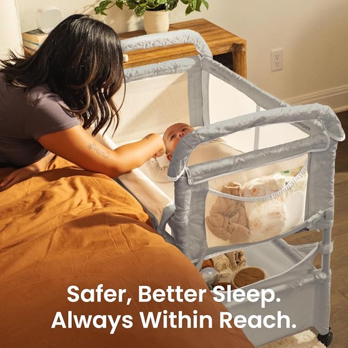 Arm’s Reach Clear-Vue Co-Sleeper Bedside Bassinet Featuring Clear Mesh Panels with Fold-Down Side, Large Attached Storage Basket, 4 Wheels, and Height-Adjustable Legs, Gray