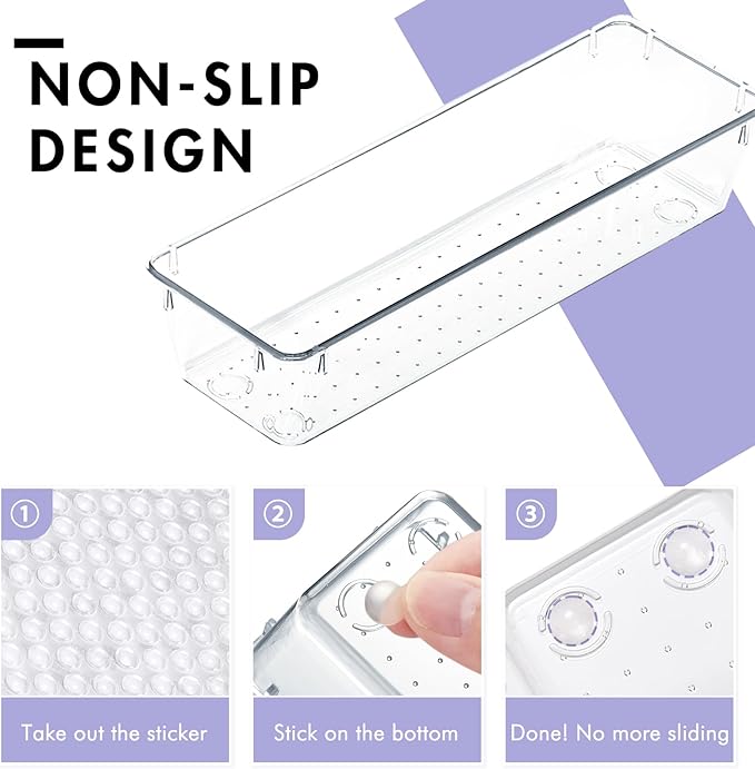 HOUSE DAY Desk Drawer Organizer Bins 8 PCS, 9*3*2" Clear Drawer Organizers with Silicone Pads, Vanity Organizers and Storage, Non Slip Plastic Drawer Organizer for Makeup, Bathroom, Kitchen, Office
