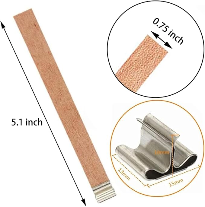 100 pcs Wooden Candle Wicks for Candle Making 0.75 * 5.1 inch Crackling Wood Wicks/Smokeless Candle Wick with Metal Base Clip 50 Sets
