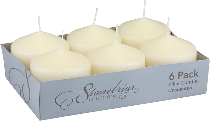 Stonebriar Unscented Pillar Candles – 80 Hour Burn Time, Long-Lasting Wax Candles for Weddings, Holidays, Home Décor & Special Events, Pack of 6, Ivory, 3" x 3