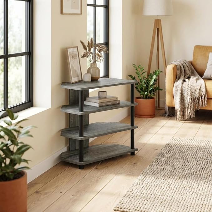 Furnifact French Oak Grey Black Wood TV Stand with Easy Assembly 4-Tier Petite Design, Durable Storage Solution for Living Room, Modern Home Decor