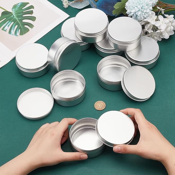 BENECREAT 10 Pack 5 OZ Tin Cans Screw Top Round Aluminum Cans Screw Lid Containers - Great for Store Spices, Candies, Tea or Gift Giving (Platinum)