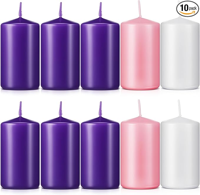 Amylove 10 Pcs 3 x 4 Inch Advent Pillar Candles Set Pink Purple Christmas Unscented Lasting Burning Church Candles for Advent Wreath Holiday Gifting