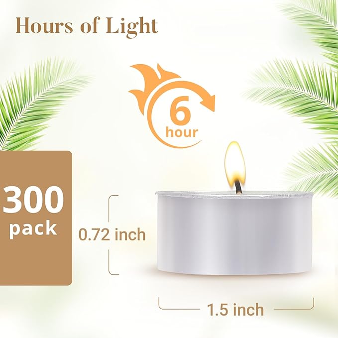 Unscented Tea Lights Candles 300 Pack,6 Hours Long Burning White Tea Candles Bulk,Non-Paraffin, Clean Burn, Smokeless, Palm Tealight Candles for Wedding,Centerpiece,Christmas Lights,Home Dceor