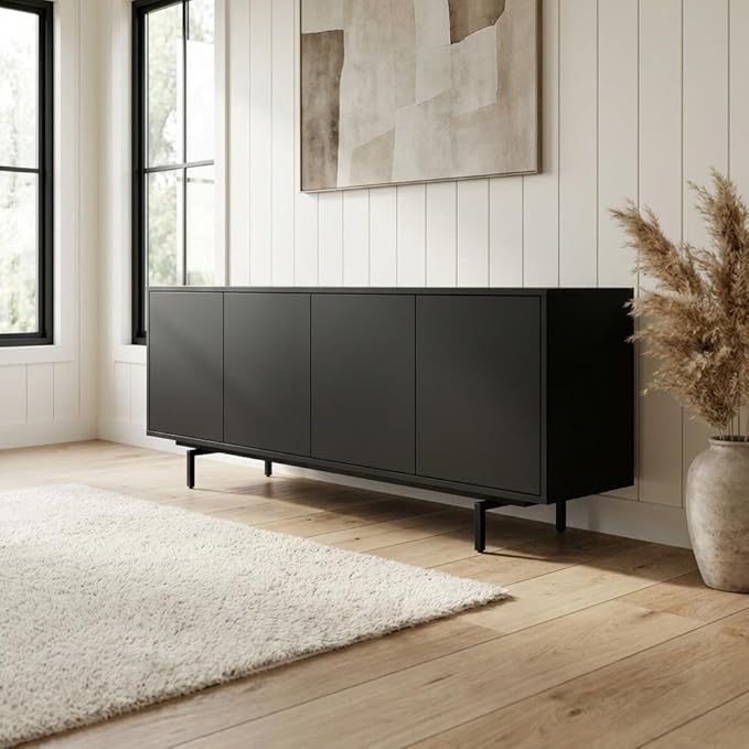 Furnifact Black Laminate TV Console with 4 Doors, Modern Transitional Industrial Style, Engineered Wood Construction, Durable, Stylish, Easy to Maintain