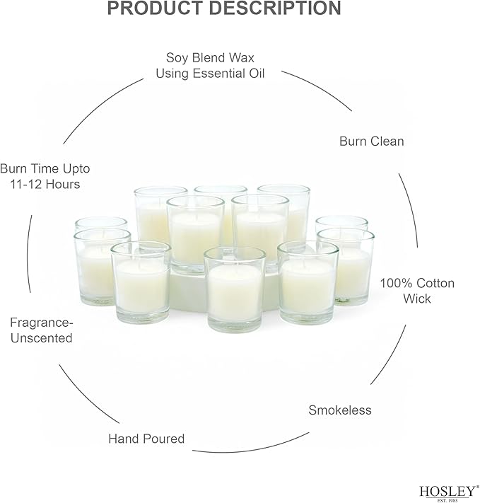 Hosley Set of 12 White Unscented Clear Glass Wax Votive Filled Candles. Hand Poured Vegetable Soy Wax Blend Up to 15 Hour Burn Time. Ideal Gift or Use for Weddings Aromatherapy Party Favor O3