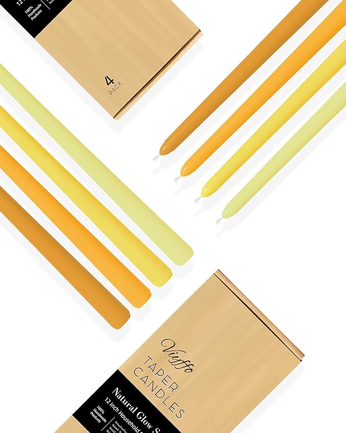 Viyffo Taper Candles, 12 Inch, 4 Pack, Yellow – Unscented, Smokeless Design, Up to 8-Hour Burn – Tall Candlesticks for Table Decor, Weddings & Dinners