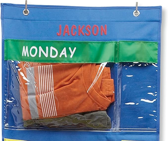 Lillian Vernon Primary Colors Days Of The Week Hanging Clothing Organizer–Personalize With Name, Weekly Monday-Friday Over Door Weekday Kids Clothes Storage System, Sturdy Primary Poly, 19-1/2" x 62"