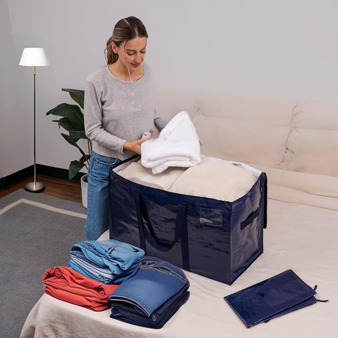 Extra Heavy Duty Large Moving Bags with Strong Zipper & Comfortable Handles, Sturdy & Durable Clothes Storage Bags Totes Bins, Dark Blue Packing Moving Boxes (2-pack)