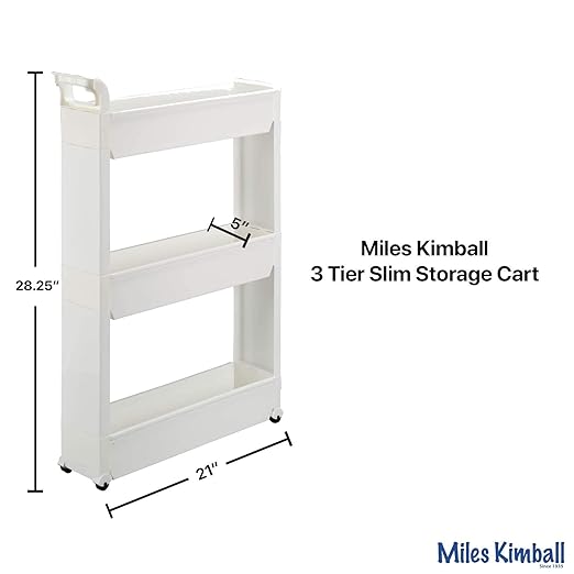 Miles Kimball Slim Storage Cart with 3 Baskets/Shelves and Rolling Casters for Kitchen, Laundry, and Small Space Storage, Durable Plastic - Measures 21" Long x 5" Wide x 28 1/4" High