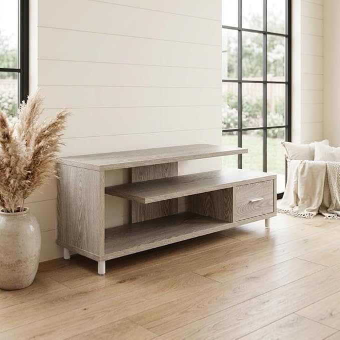 Furnifact Ice White 1 Drawer TV Stand with Shelves, for TVs up to 65 inches, Honeycomb Particle Board, Melamine Veneer, max 75 lbs