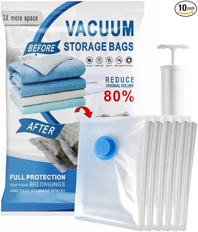 10 Pack Vacuum Storage Bags with Hand Pump,Double zipper sealing, 2 Jumbo + 4 Large + 4 Medium Vacuum Seal Bags for Clothing,Blankets,Comforters (10, Hand Pump)