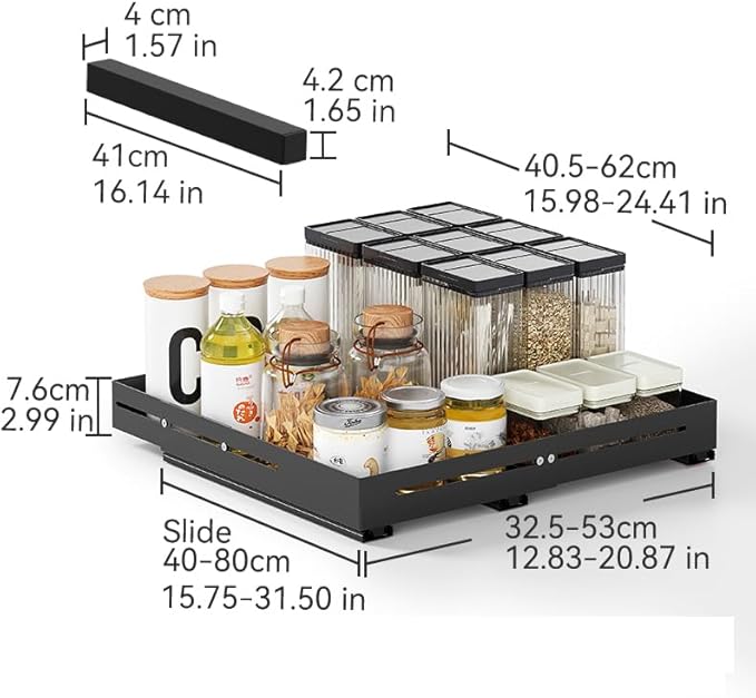 Pull Out Cabinet Organizer With Raising Pad for Framed Cabinets,Adjustable Depth(15.7"-24.4") And Width(12.8"-20.5"),Slide Out Drawers,No Drill Design,Heavy Duty Storing,Black