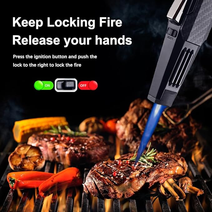 Butane Torch Lighter One-Hand Operation Lighter Adjustable Jet Flame with safety lock Kitchen Cooking Torch Gift Box Package (Butane Gas Not Included) (Black)