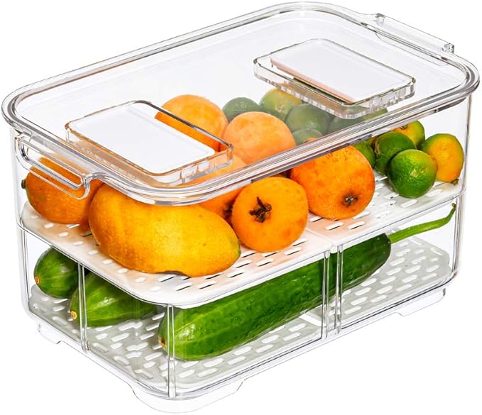 Slideep 11'' Large Food Storage Containers, Fridge Produce Saver 2 Tier Stackable Refrigerator Organizer with Lids and Removable Drain Tray Drawers Bins Baskets for Kitchen