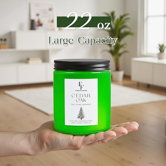 Cedar Oak Large Christmas Tree Candle, 3-Wick 22oz Long Lasting Scented Candle, Natural Soy Wax Aromatherapy Candle for Home, Holiday Candle Gifts for Women Men