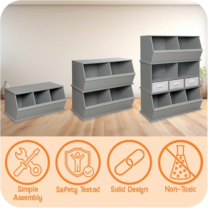 Badger Basket Three Bin Stackable Toy Storage Cubby Organizer for Kids, Playroom, Nursery, or Bedroom – Durable Wooden Design with Open Front Bins for Books, Toys & More – Charcoal/Light Gray