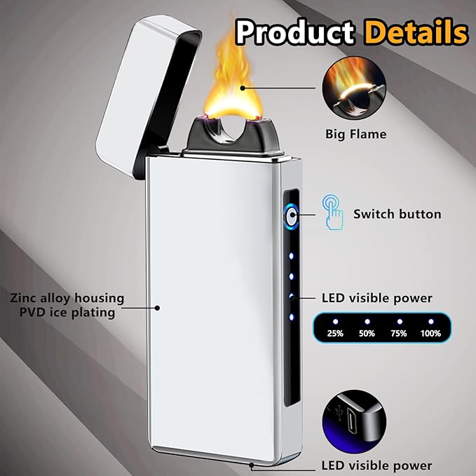 Electric Windproof Lighter, Pulsed Flame Plasma-Flame Arc Lighter - Rechargeable USB with Battery Indicator (Silver)