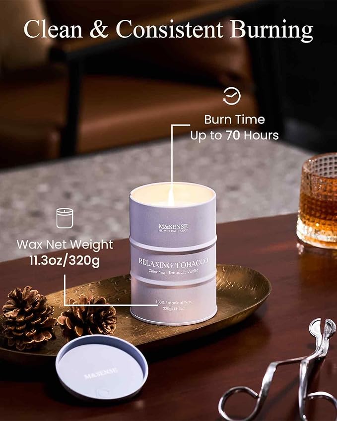 M&SENSE Tobacco Vanilla Scented Candles Natural Non Toxic, Aromatherapy Candle for Stress Relief Meditation Relaxing, Housewarming Gifts for Women Men, 11.3oz 70 Hour Long Burning