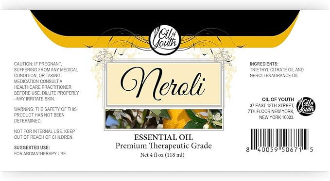 Oil of Youth Neroli Essential Oil Therapeutic Grade 4 fl oz with Dropper for Aromatherapy, Diffuser, Massage, Perfume, and Relaxation