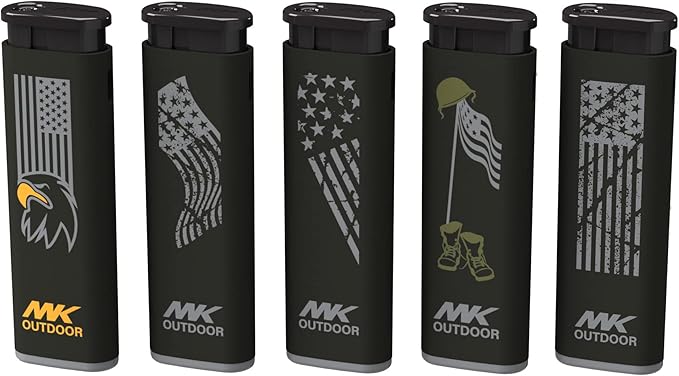 MK Lighter Outdoor Series Alpine Set 5-Pack Assorted Design Multipurpose Refillable, Windproof Flame, Slip Guard Candle & BBQ, Prepping & Camping Supplies, Survival Lighters (Freedom)