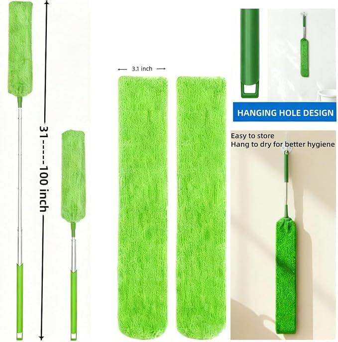 Retractable Gap Dust Cleaner Under Appliance Cleaning Tool, GMLRKY Flat Duster for Under Refrigerator Fridge Stove Couch Bed, Skinny Thin Duster for Tight Spaces (Green)