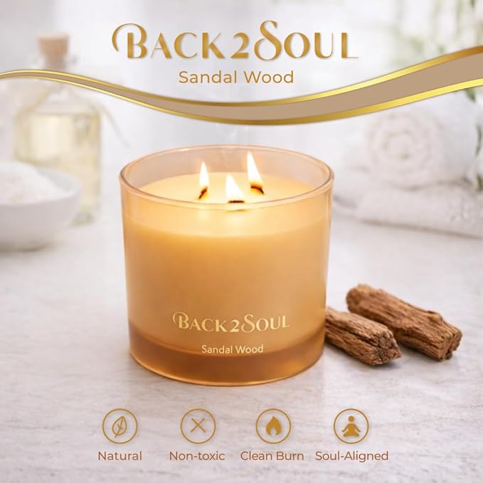 Non Toxic Candles 13.4 oz 50 Hours Burn Time, Scented Soy Candles, Clean Burning, Safe Non Toxic Design (Sandal Wood)