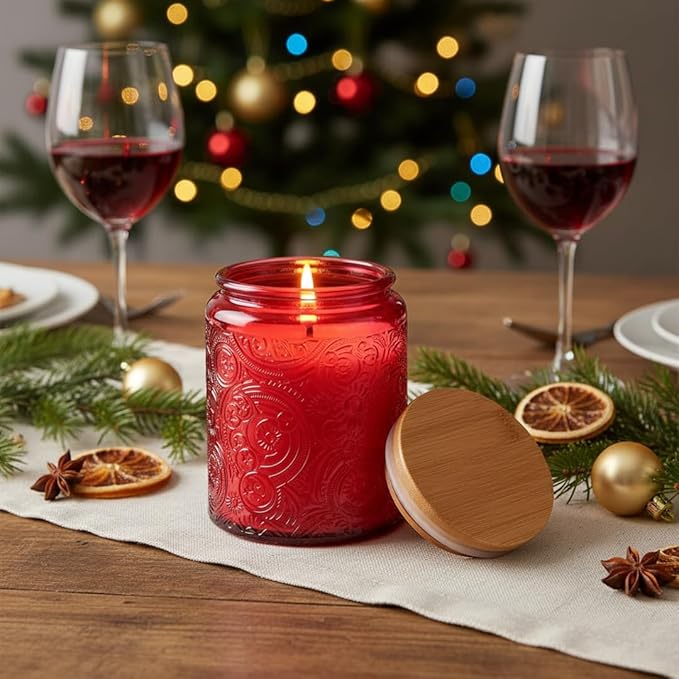 9-Pack 8oz Embossed Glass Candle Container with Bamboo Lids and Labels, Red Candle Jars for Making Candles, Sun Moon Star Design