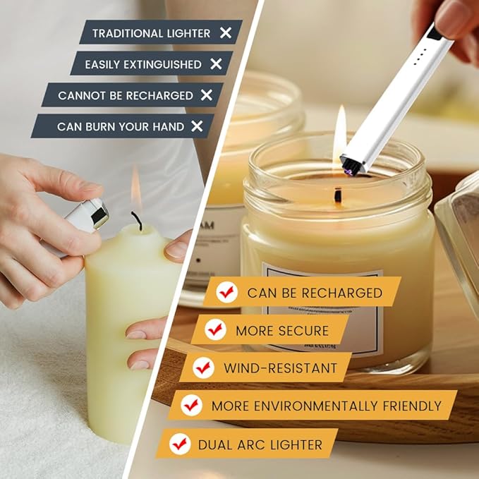 Dual Arc Windproof Flameless Long Candle Lighter Type-C USB Rechargeable Lighter for Candles, BBQ and Fireworks