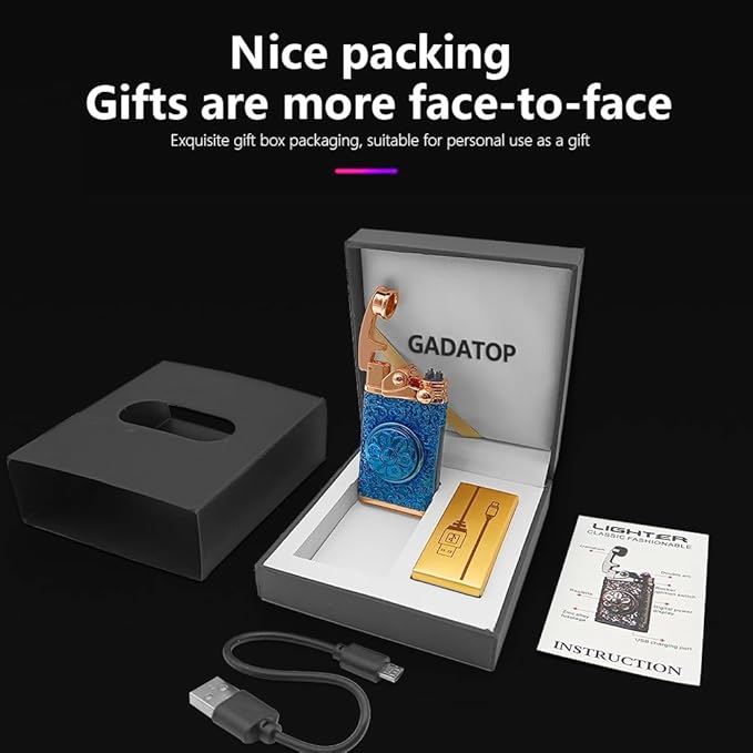 GADATOP Electric Lighter Rechargeable Lighter USB Personalized Creative Lighter Rocker Lighter Windproof Flameless Lighter Double Arc Plasma Lighter Cool Lighter with Gift Box (Blue)