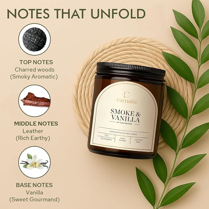 Carnatia Smoke & Vanilla Scented Candle – 7 oz | 100% Soy Wax with Cotton Wick | 50 Hour Burn | Aromatherapy Candle for Home, Cozy Mood & Relaxation | Gift for Women & Men