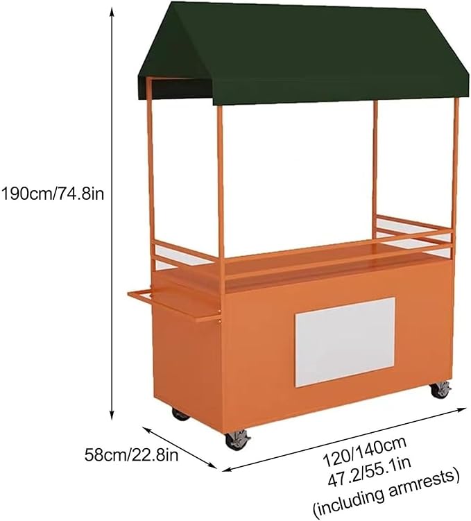 JKGHK Vending Iron Cart with Canopy, 4-Wheel Portable Mobile Dining Market Stall, Outdoor Dining Carts Market Stall, for Street Food, Handicrafts, Snacks(Red,120cm/47.2in)