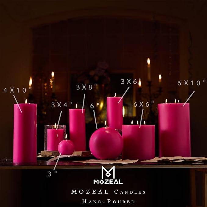 MOZEAL 3" x 6" Hand-Poured Unscented Candle, Dripless Pillar Candle Set of 3, Long Lasting Burning, Approx 120 Hours Burn Time, Rustic Country Style, for Spring Celebrations, Vibrant Energy, Hot Pink