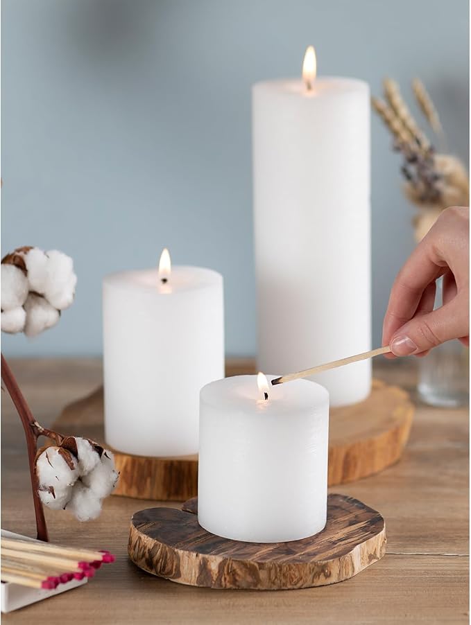 CANDWAX Assorted Pillar Candles Set of 3 – Sizes 3", 4", 8" Unscented Dripless Large Candles, Rustic Finish for Events, Weddings, Home Decor – White